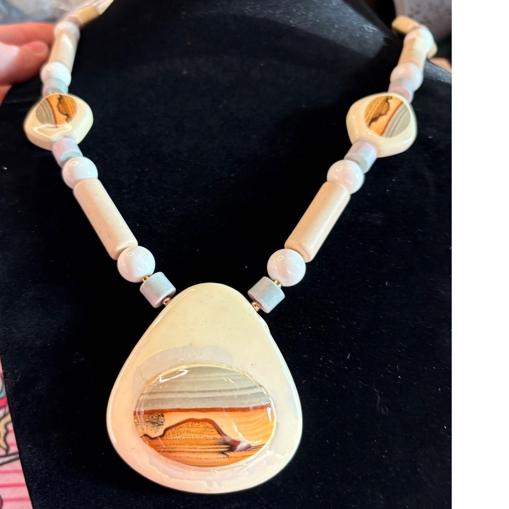 Southwestern Desert Landscape Beaded Statement Necklace Cream Tan Blue 18 Inch